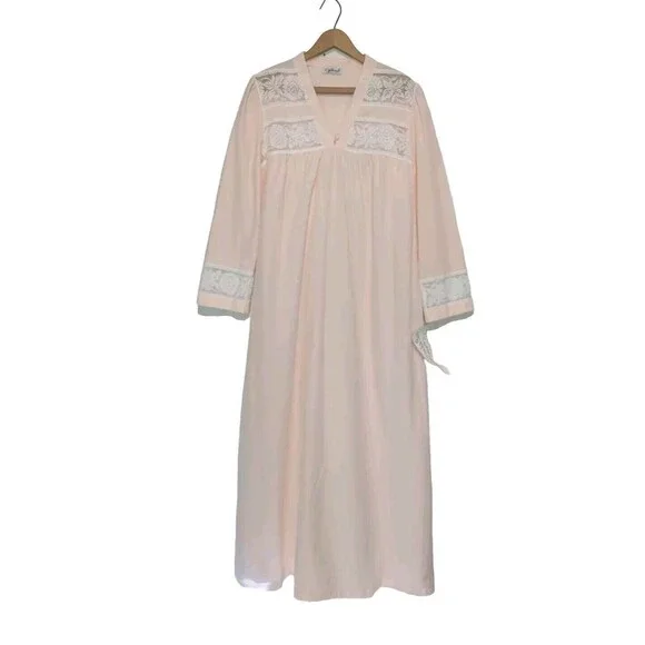 Vintage Nos M GILEAD Soft PINK Brushed Long Nightgown Lace S